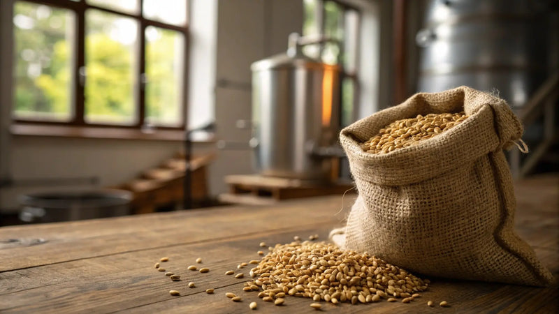 Sac de malt d'orge sur une table en bois.