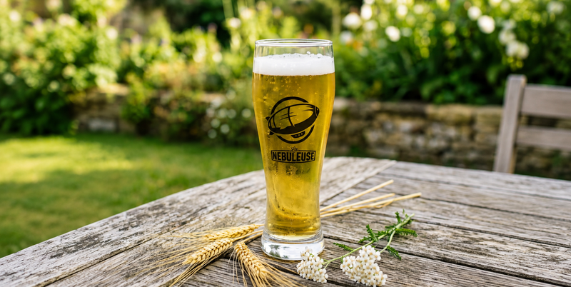 Un verre d'Alternative avec des épis de blé et des fleurs sur la table