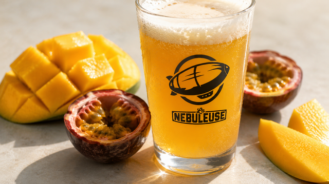 Un verre de bière avec de la mangue et de la passion à côté.