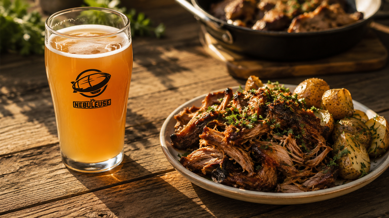 Un plat de porc effiloché et pommes de terre et une bière.
