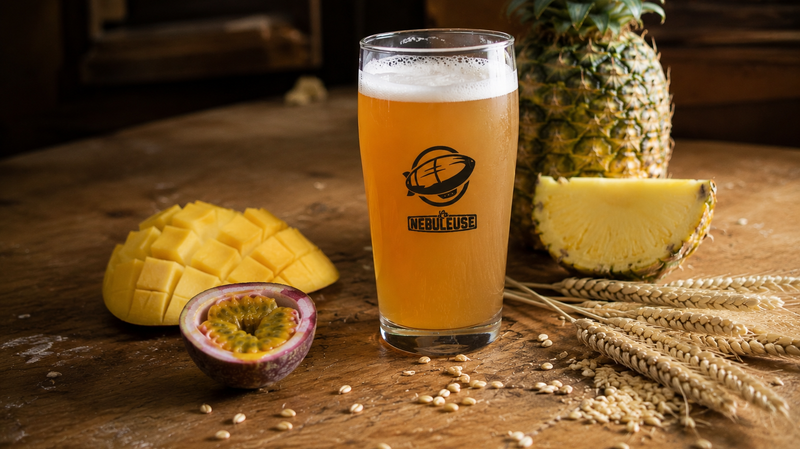 Un verre de bière avec de l'ananas, de la passion et du blé à côté.