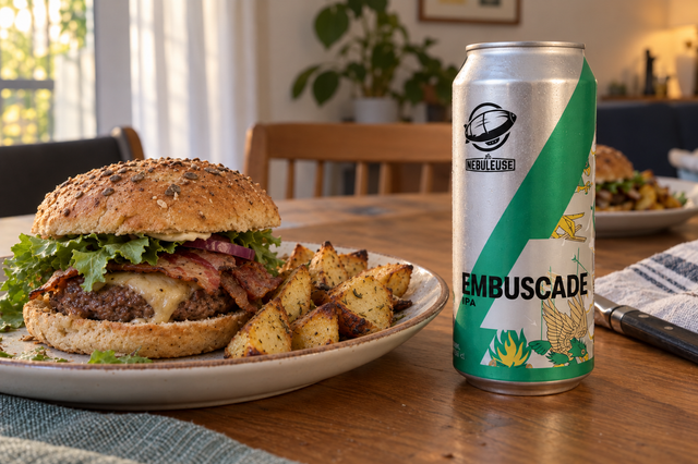 Une canette Embuscade sur une table avec un hamburger 