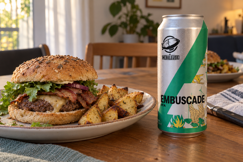 Une canette Embuscade sur une table avec un hamburger 