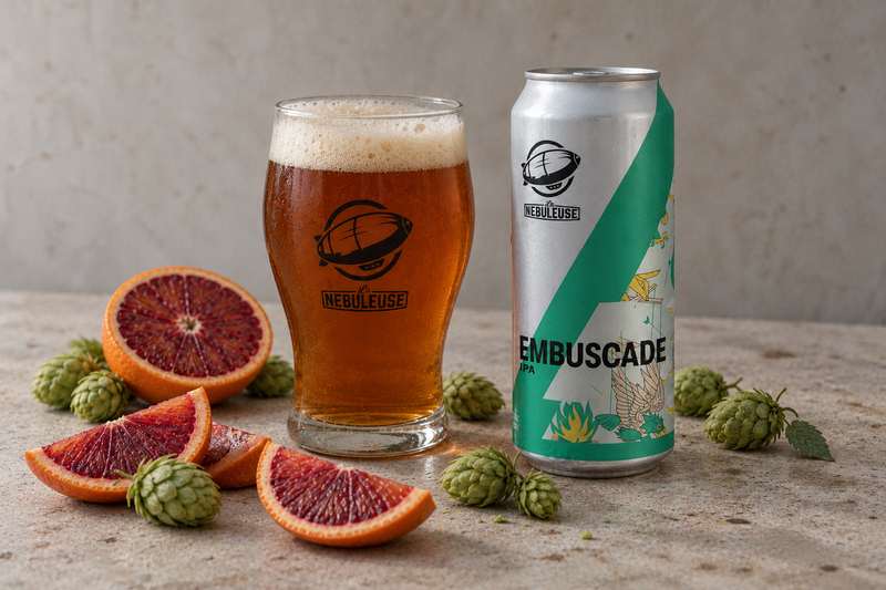 Une canette à côté d'un verre et du pamplemousse et houblon au sol