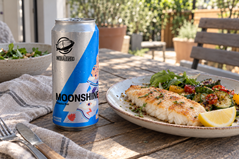 Une canette Moonshine à côté d'une assiette à base de poisson blanc