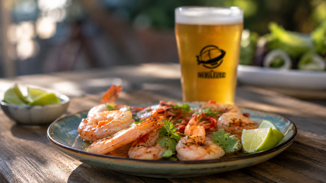 Un plat à base de crevettes avec une bière en fond.