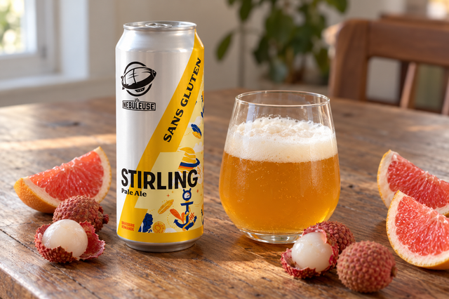 Une canette Stirling avec des litchis t du pamplemousse 