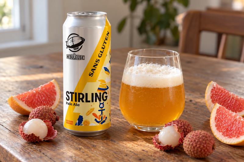 Une canette Stirling avec des litchis t du pamplemousse 
