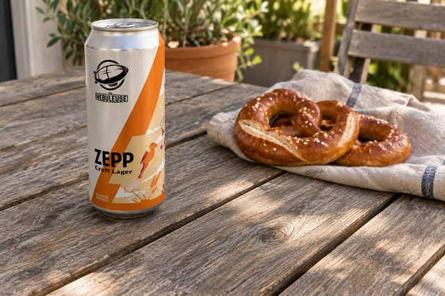 Canette de zepp et bretzels sur une table en extérieur.